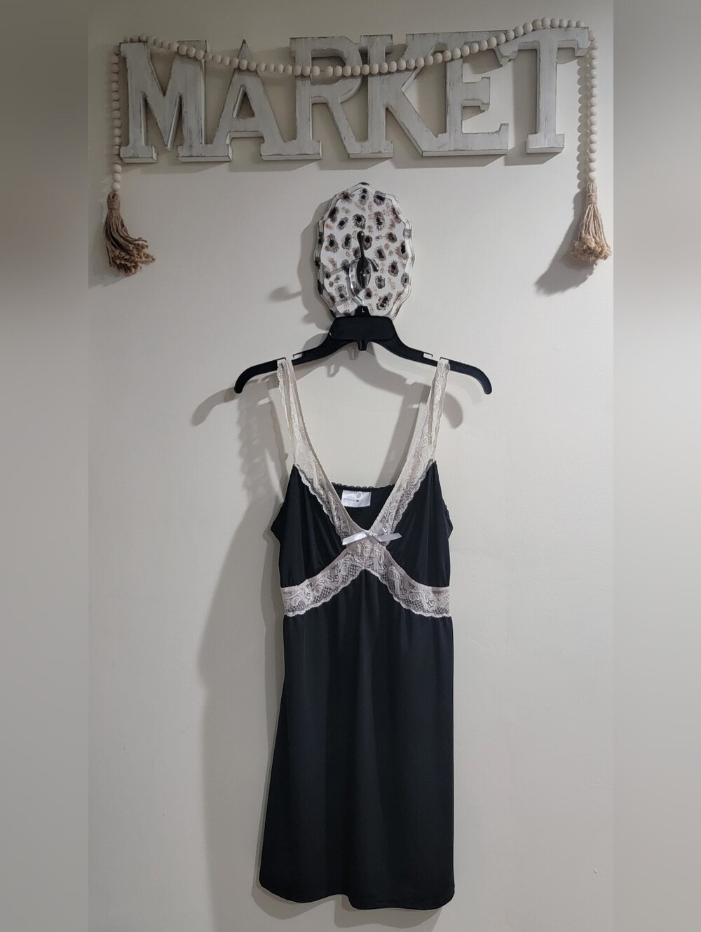 Avenue Black Satin Slip with Cream Lace Trim